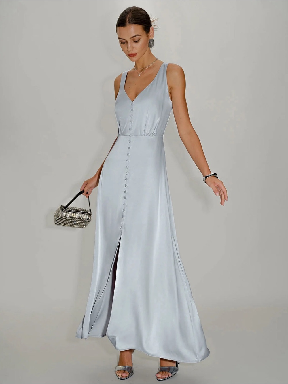 RIHOAS Silver-Blue Satin Button-Front Maxi Dress